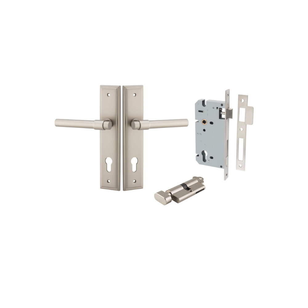 Pair of Iver Helsinki lever door handles on stepped backplate, featuring a sleek, modern design in a polished finish.