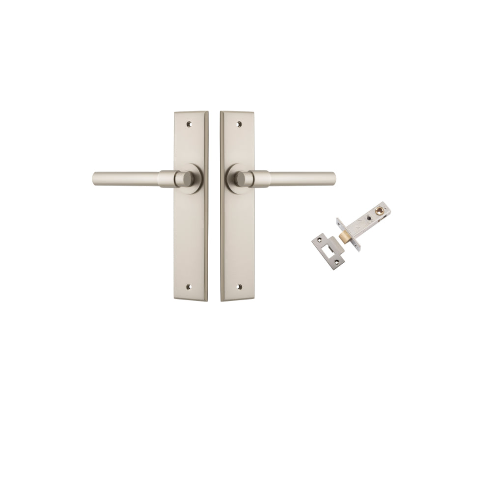Door Lever Helsinki Chamfered Satin Nickel L137xP60mm BPH240xW50mm Passage Kit Tube Latch Split Cam 'T' Striker Satin Nickel Backset 60mm in Satin Nickel