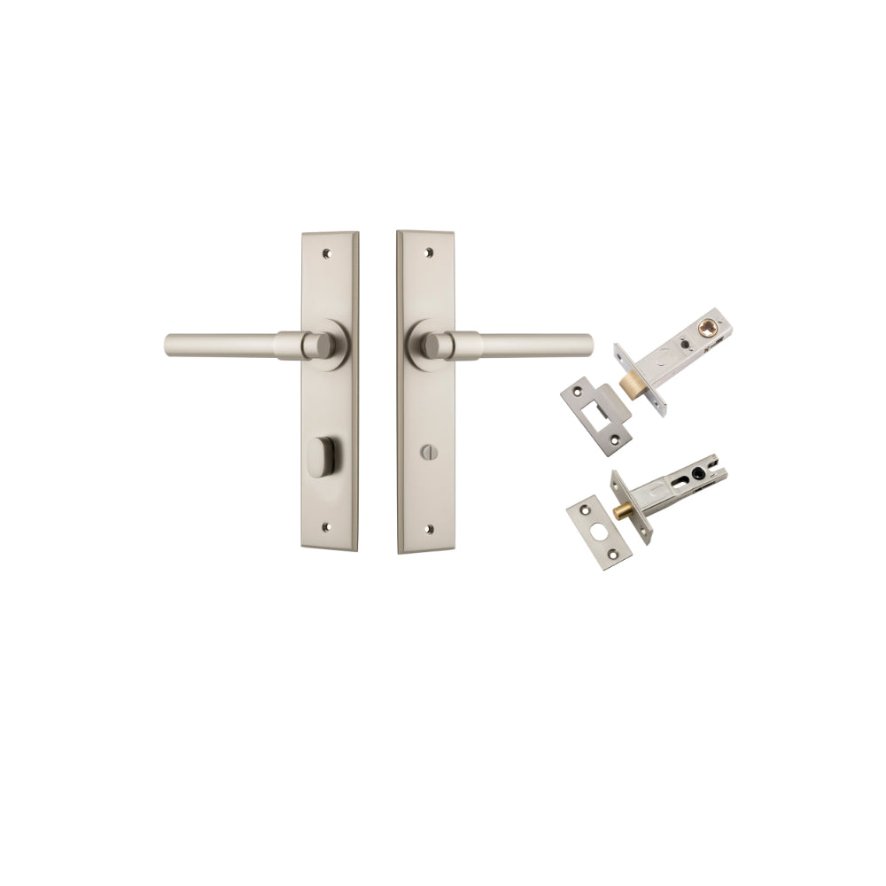 Door Lever Helsinki Chamfered Privacy Satin Nickel CTC85mm L137xP60mm BPH240xW50mm Privacy Kit Tube Latch Split Cam 'T' Striker Satin Nickel Backset 60mm, Privacy Bolt Round Bolt Satin Nickel Backset 60mm in Satin Nickel