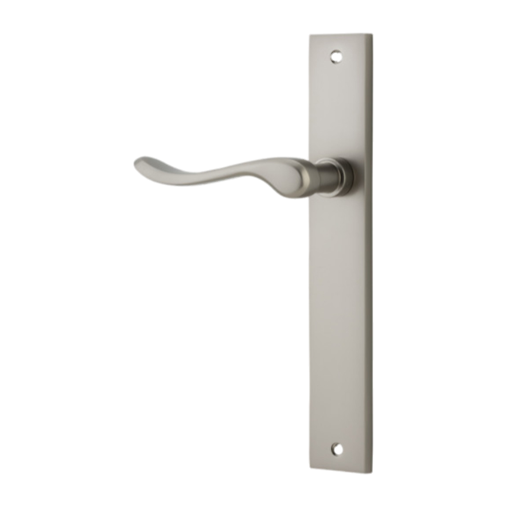 Door Lever Stirling Rectangular Latch Left Hand Fixed Satin Nickel L116xP62mm BPH240xW38mm in Satin Nickel