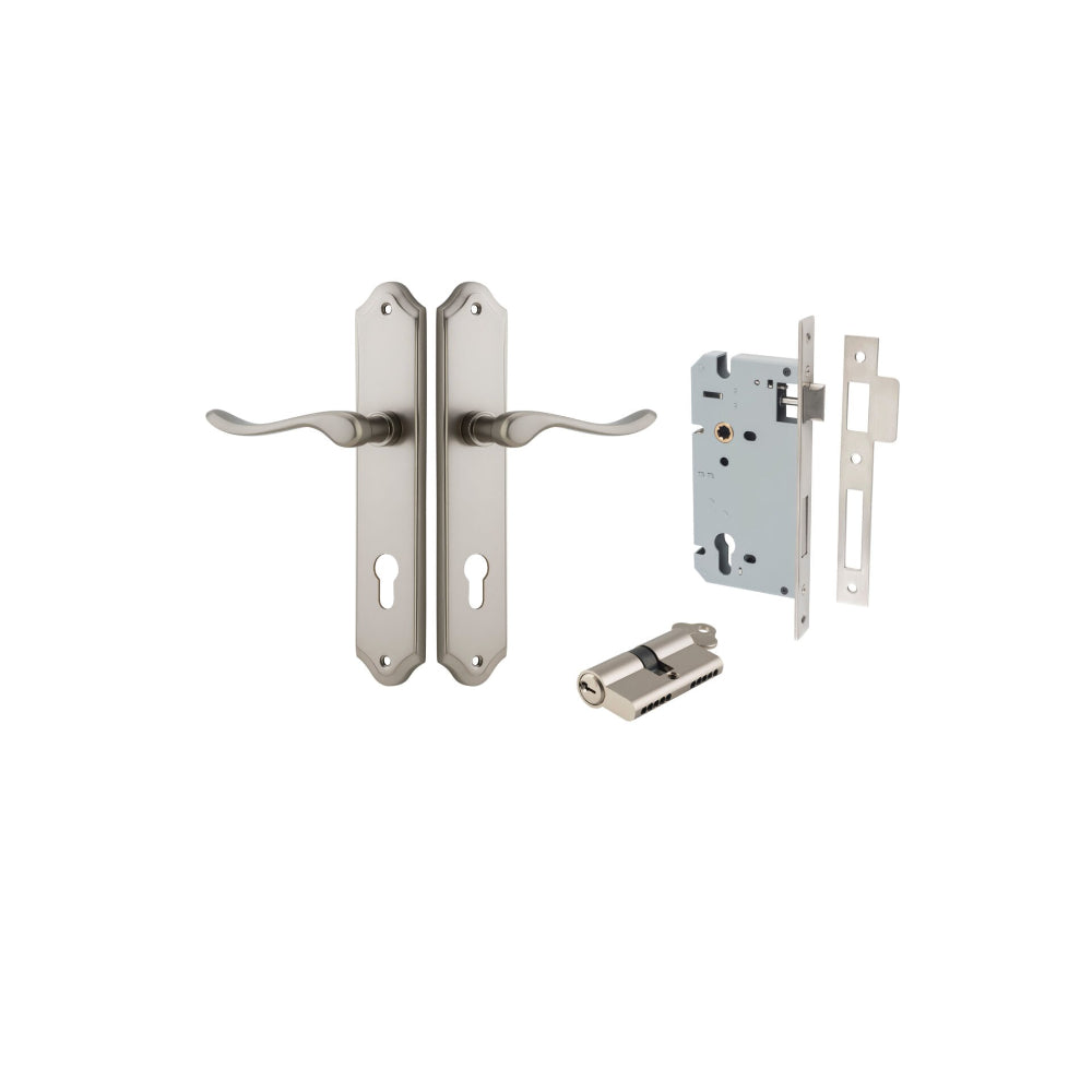 Door Lever Stirling Shouldered Euro Pair Satin Nickel CTC85mm H250xW48xP64mm Entrance Kit Mortice Lock Euro Satin Nickel CTC85mm Backset 60mm, Euro Cylinder Dual Function 5 Pin Satin Nickel L65mm KA1 in Satin Nickel