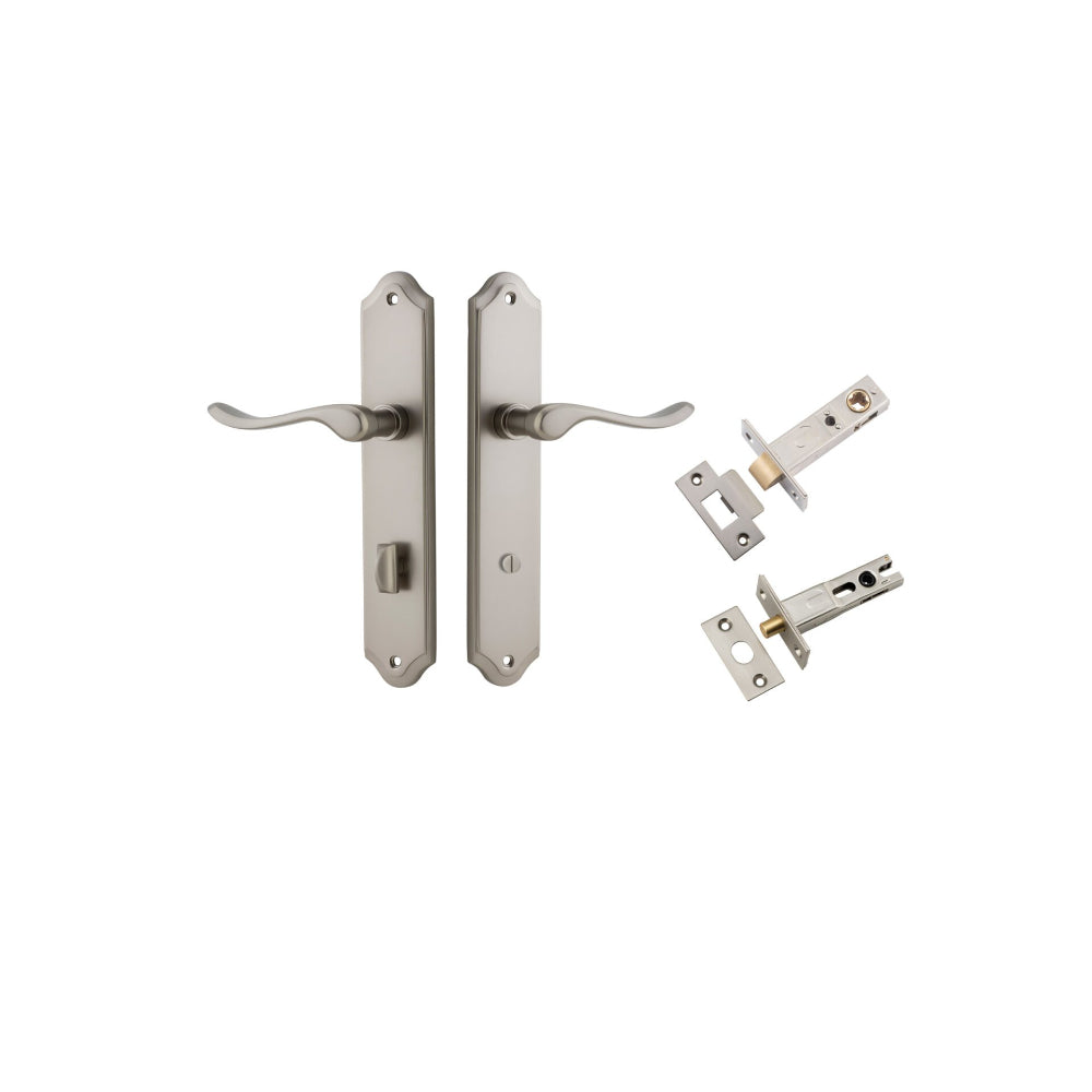 Door Lever Stirling Shouldered Privacy Pair Satin Nickel CTC85mm H250xW48xP64mm Privacy Kit Tube Latch Split Cam 'T' Striker Satin Nickel Backset 60mm, Privacy Bolt Round Bolt Satin Nickel Backset 60mm in Satin Nickel