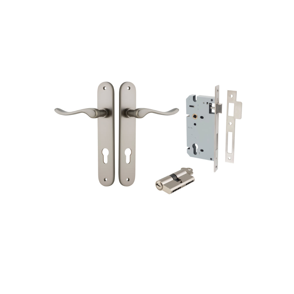 Door Lever Stirling Oval Euro Pair Satin Nickel CTC85mm H240xW40xP64mm Entrance Kit Mortice Lock Euro Satin Nickel CTC85mm Backset 60mm, Euro Cylinder Dual Function 5 Pin Satin Nickel L65mm KA1 in Satin Nickel