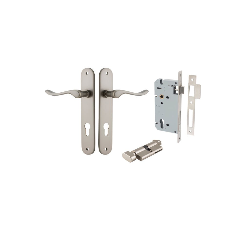 Door Lever Stirling Oval Euro Pair Satin Nickel CTC85mm H240xW40xP64mm Entrance Kit Mortice Lock Euro Satin Nickel CTC85mm Backset 60mm, Euro Cylinder Key Thumb 6 Pin Satin Nickel L70mm KA1 in Satin Nickel