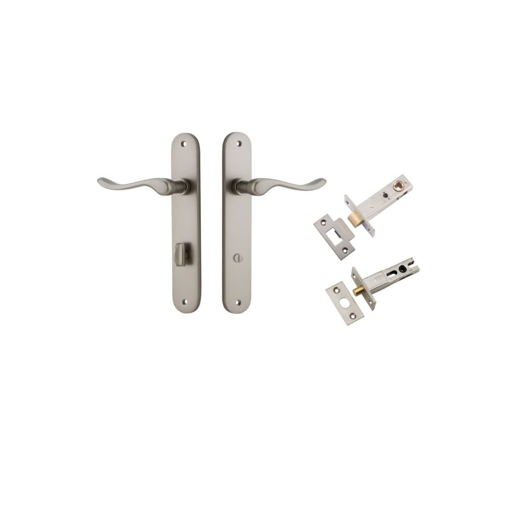 Door Lever Stirling Oval Privacy Pair Satin Nickel CTC85mm H240xW40xP64mm Privacy Kit Tube Latch Split Cam 'T' Striker Satin Nickel Backset 60mm, Privacy Bolt Round Bolt Satin Nickel Backset 60mm in Satin Nickel