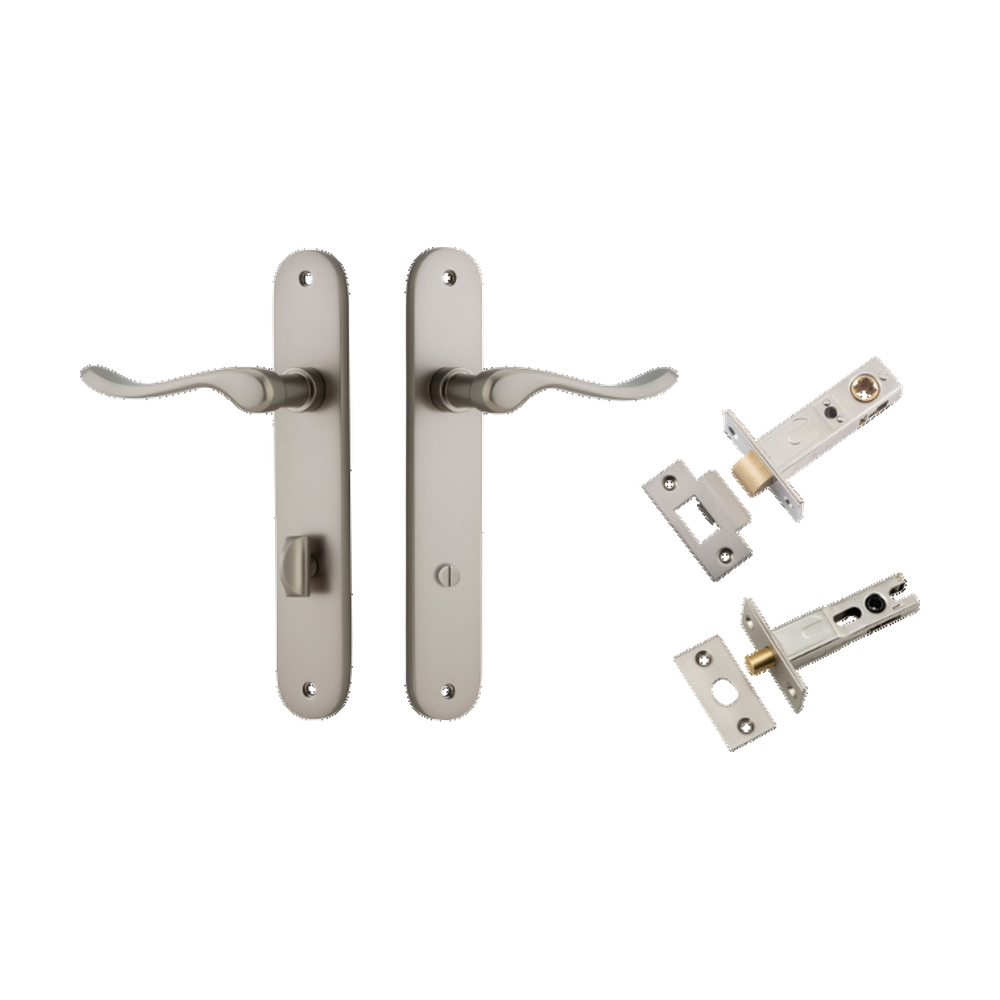 Door Lever Stirling Oval Privacy Pair Satin Nickel CTC85mm H240xW40xP64mm Privacy Kit Tube Latch Split Cam 'T' Striker Satin Nickel Backset 60mm, Privacy Bolt Round Bolt Satin Nickel Backset 60mm in Satin Nickel