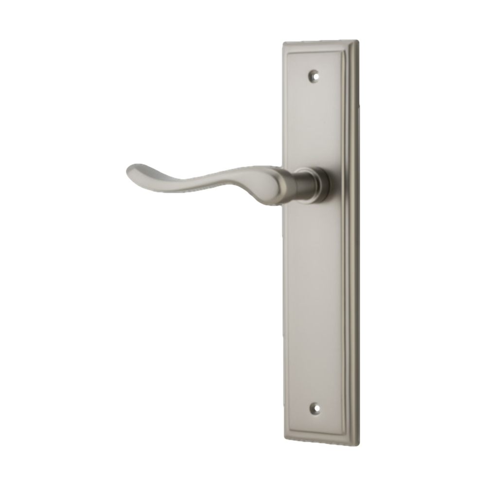 Door Lever Stirling Stepped Latch Left Hand Fixed Satin Nickel L116xP65mm BPH237xW50mm in Satin Nickel