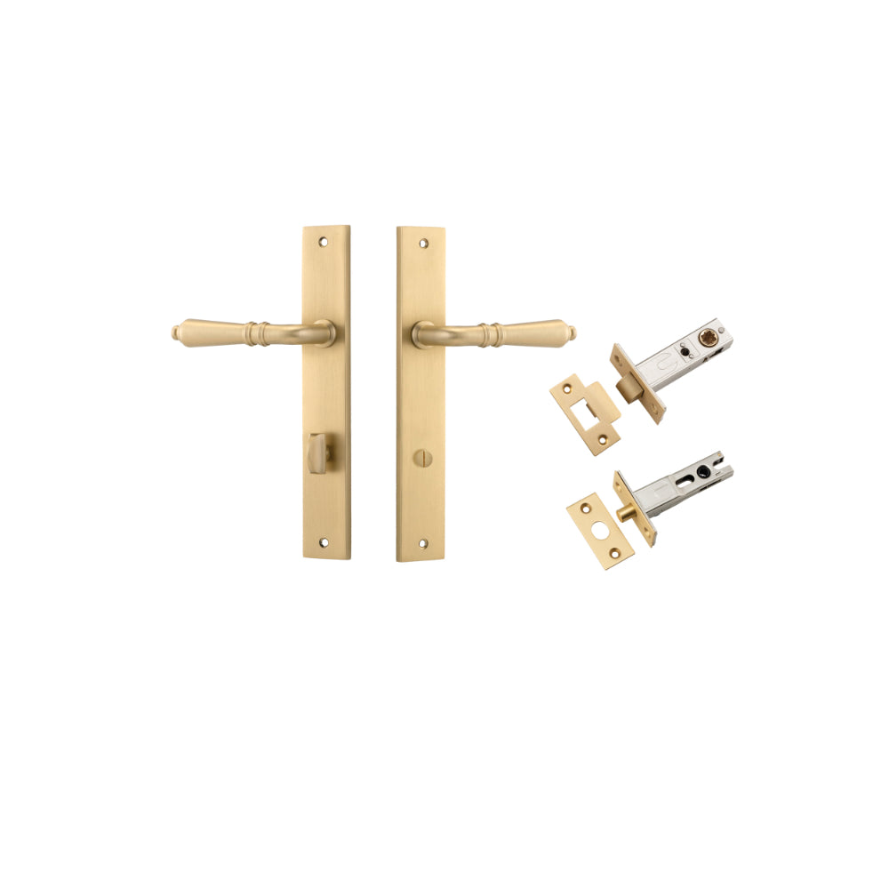 Pair of Iver Sarlat lever door handles on rectangular backplates, featuring a sleek modern design and polished finish.