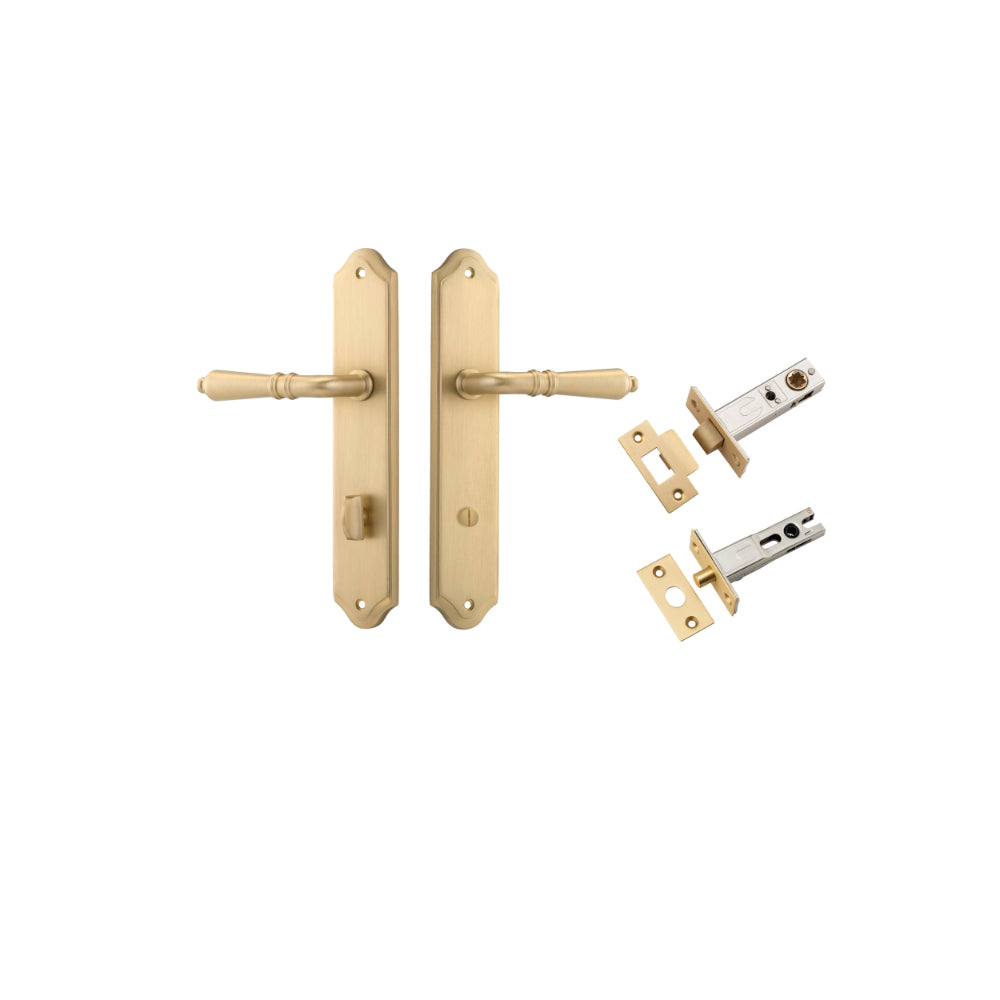 Door Lever Sarlat Shouldered Privacy Brushed Brass CTC85mm H250xW48xP57mm Privacy Kit Tube Latch Split Cam 'T' Striker Brushed Brass Backset 60mm, Privacy Bolt Round Bolt Brushed Brass Backset 60mm in Brushed Brass