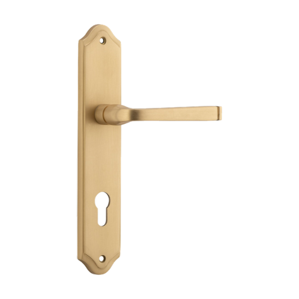 Door Lever Annecy Shouldered Euro Brushed Brass CTC85mm H237xW50xP65mm in Brushed Brass