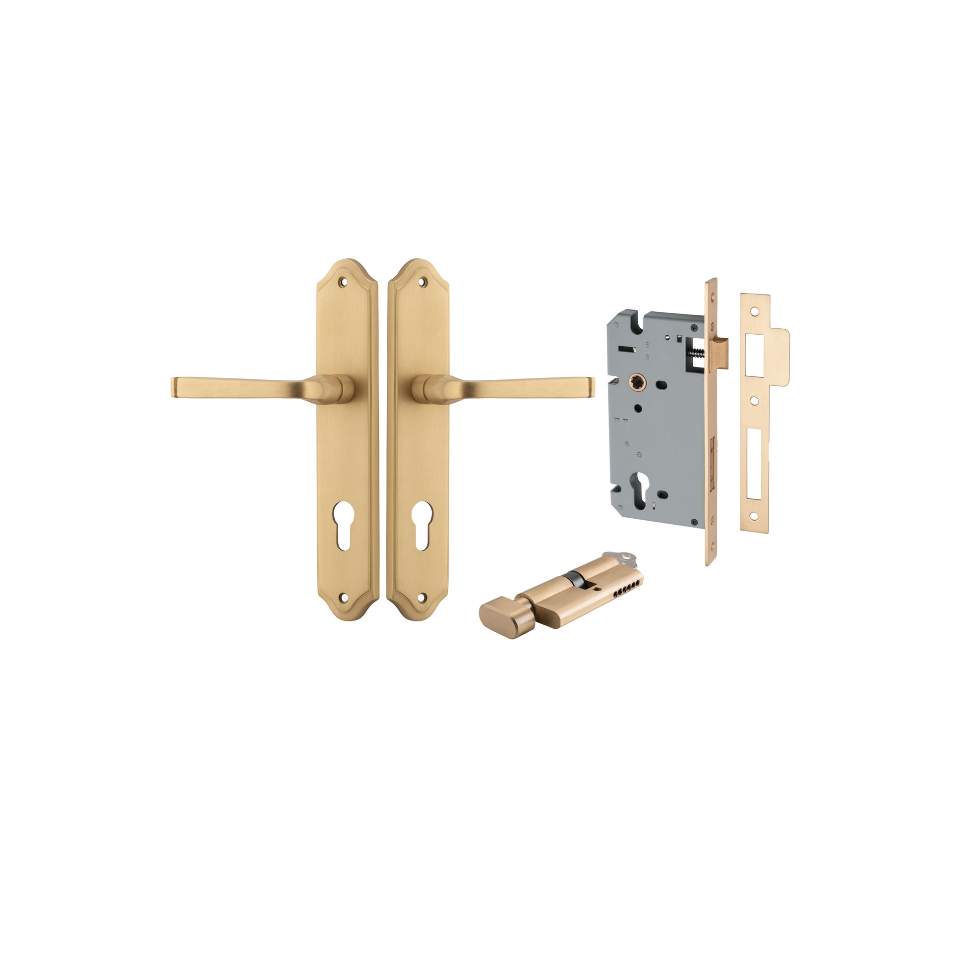 Door Lever Annecy Shouldered Euro Brushed Brass CTC85mm H240xW50xP65mm Entrance Kit Mortice Lock Euro Brushed Brass CTC85mm Backset 60mm, Euro Cylinder Key Thumb 6 Pin Brushed Brass L70mm KA1 in Brushed Brass