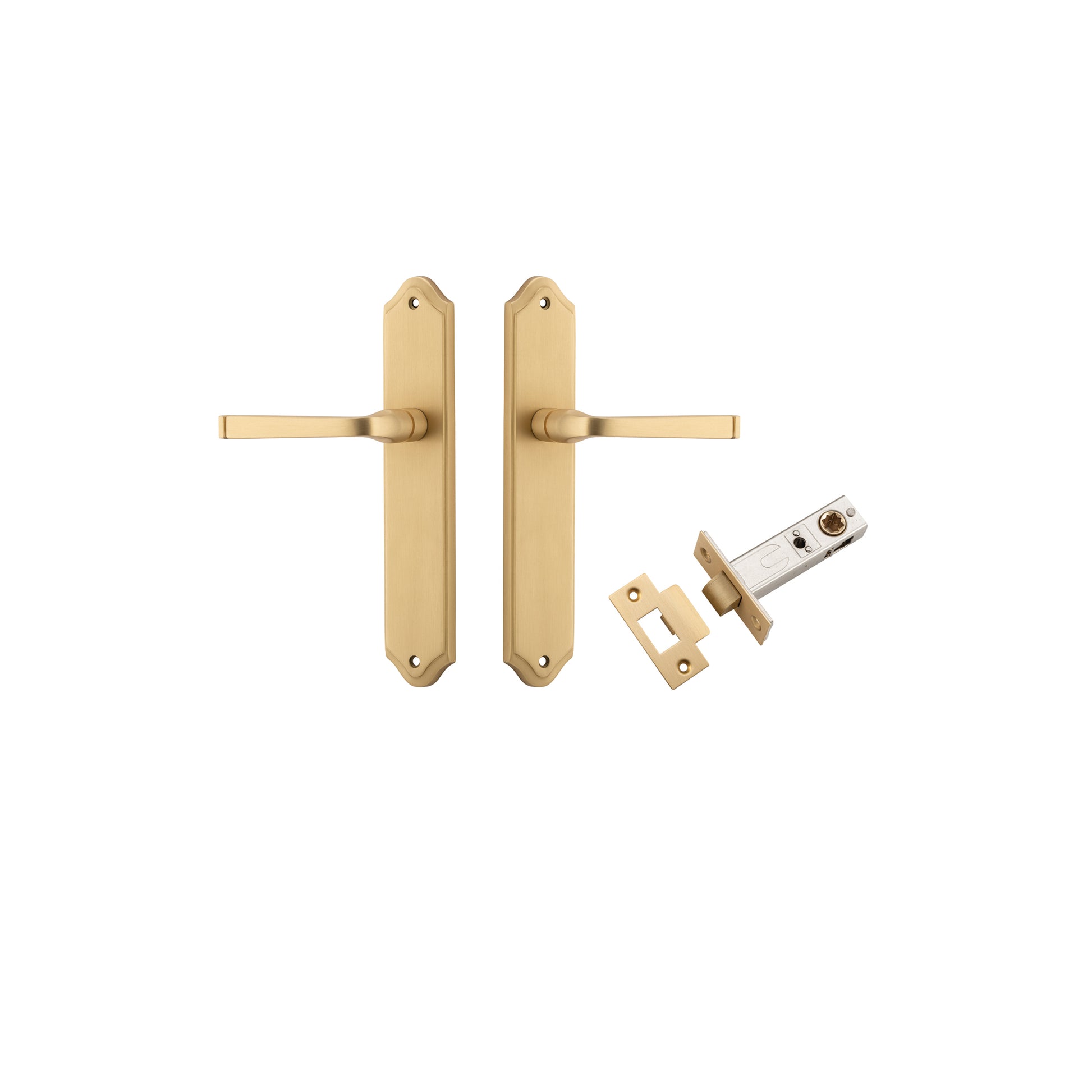 Door Lever Annecy Shouldered Latch Brushed Brass H240xW50xP65mm Passage Kit Tube Latch Split Cam 'T' Striker Brushed Brass Backset 60mm in Brushed Brass