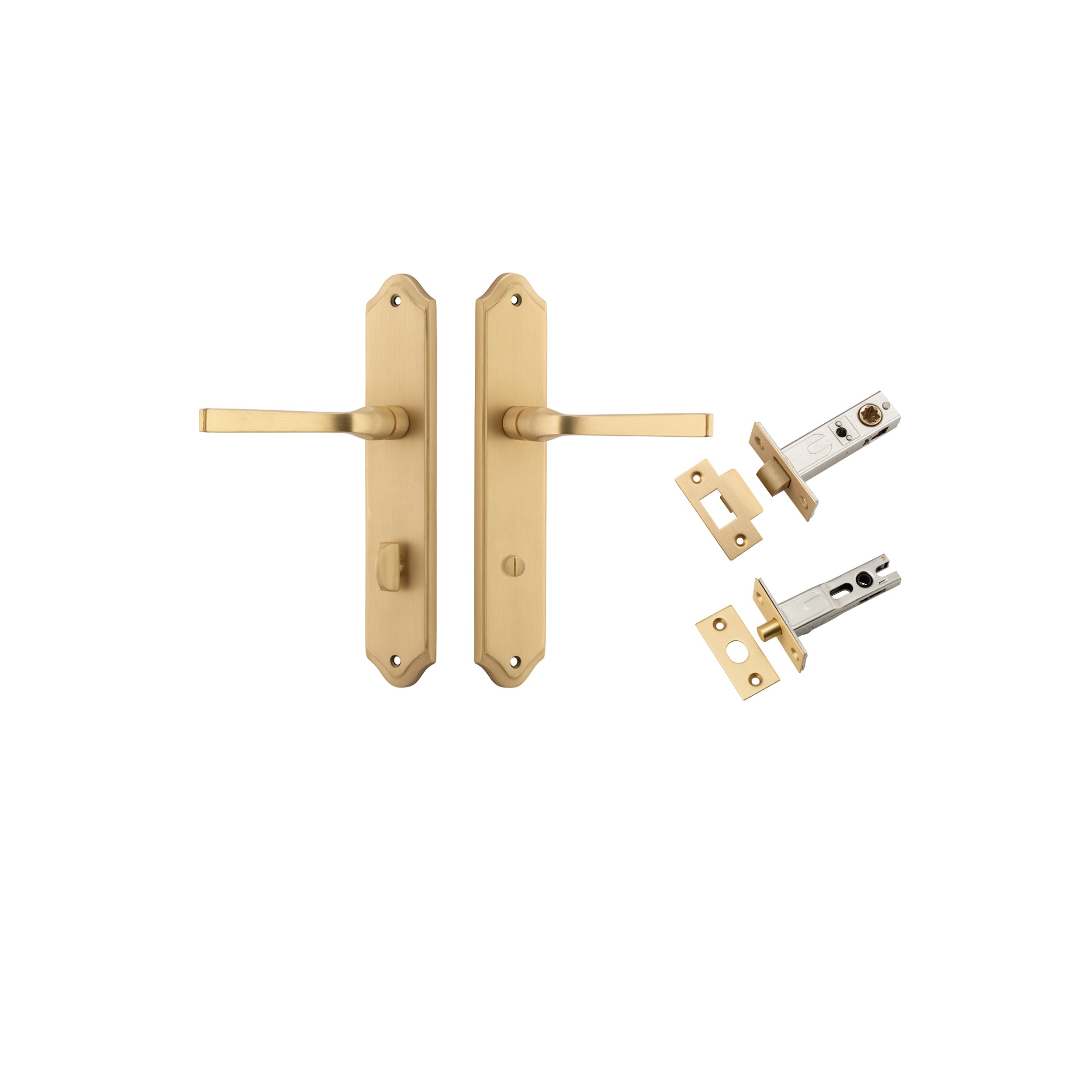 Pair of Iver Annecy Lever on Shouldered Backplate handles in antique brass finish, showing detailed lever and backplate design.