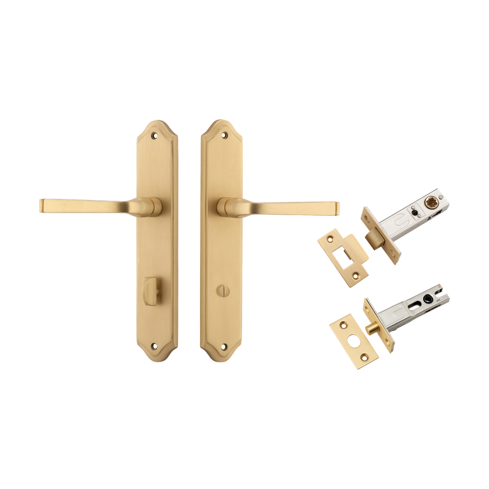 Door Lever Annecy Shouldered Privacy Brushed Brass CTC85mm H240xW50xP65mm Inbuilt Privacy Kit Tube Latch Split Cam 'T' Striker Brushed Brass Backset 60mm, Privacy Bolt Round Bolt Brushed Brass Backset 60mm in Brushed Brass