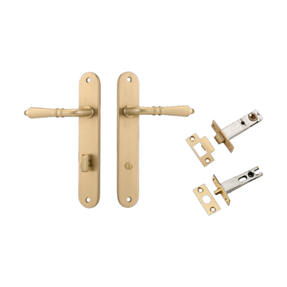 Door Lever Sarlat Oval Privacy Brushed Brass CTC85mm H240xW40xP55mm Privacy Kit Tube Latch Split Cam 'T' Striker Brushed Brass Backset 60mm, Privacy Bolt Round Bolt Brushed Brass Backset 60mm in Brushed Brass