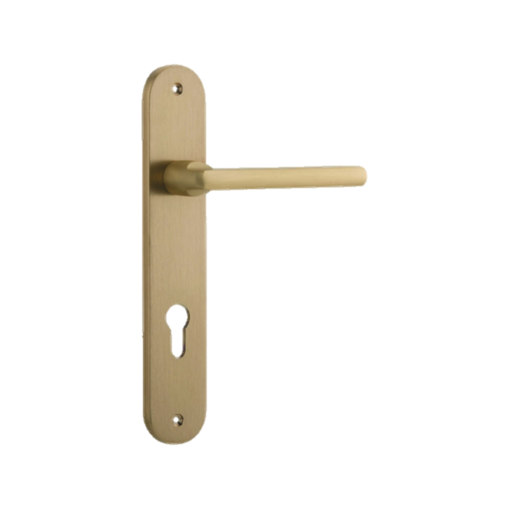Door Lever Baltimore Oval Euro Brushed Brass CTC85mm H237xW50xP55mm in Brushed Brass