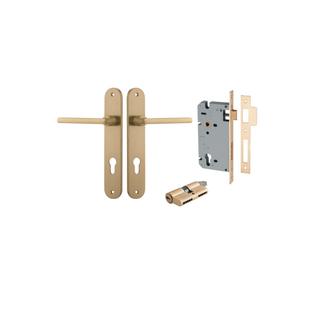Pair of Iver Baltimore lever door handles on oval backplates, featuring a sleek, modern design in a polished finish.