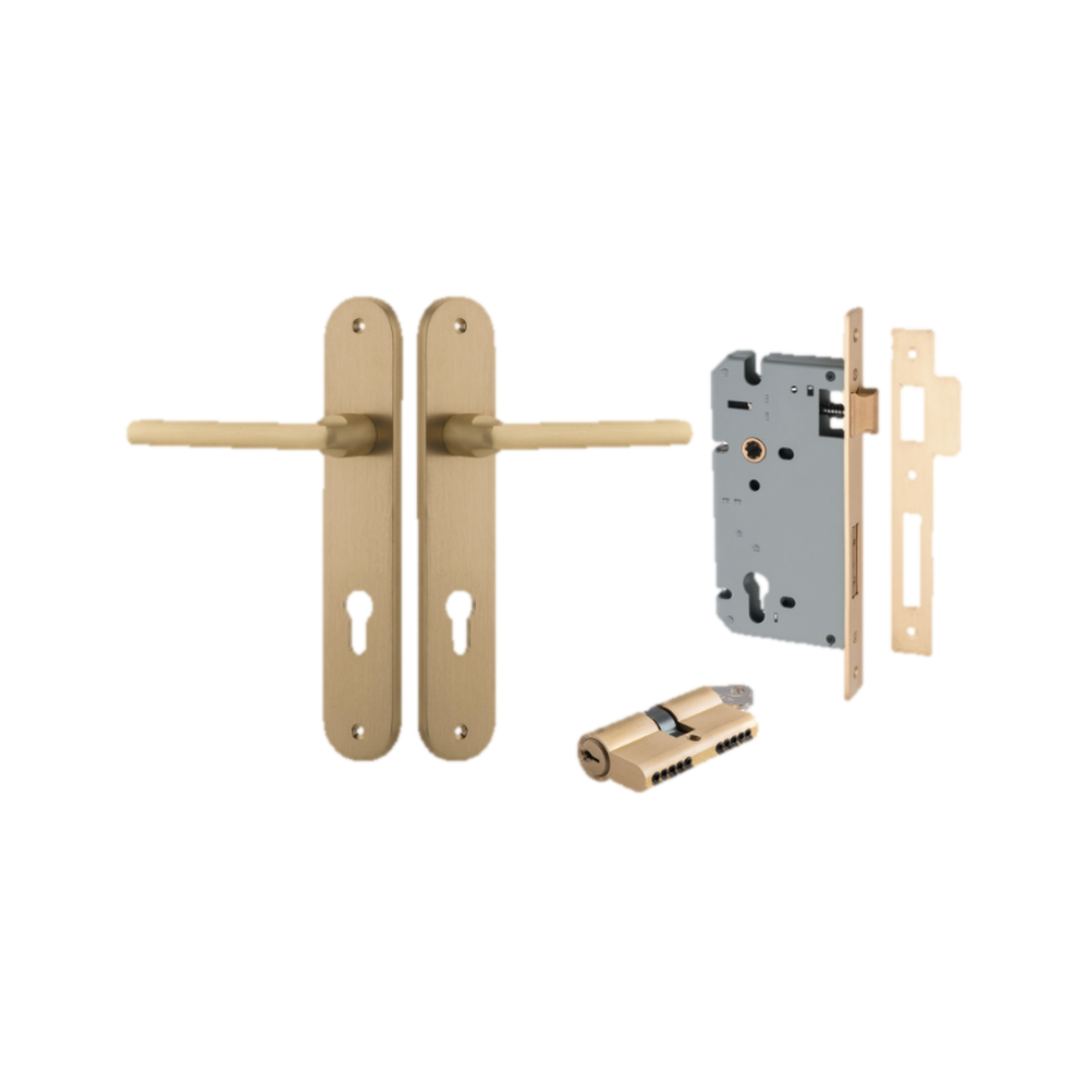 Door Lever Baltimore Oval Euro Brushed Brass CTC85mm H237xW40xP55mm Entrance Kit Mortice Lock Euro Brushed Brass CTC85mm Backset 60mm, Euro Cylinder Dual Function 5 Pin Brushed Brass L65mm KA1 in Brushed Brass
