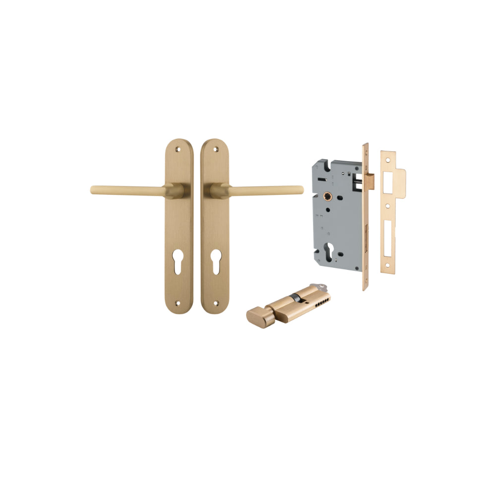Door Lever Baltimore Oval Euro Brushed Brass CTC85mm H237xW40xP55mm Entrance Kit Mortice Lock Euro Brushed Brass CTC85mm Backset 60mm, Euro Cylinder Key Thumb 6 Pin Brushed Brass L70mm KA1 in Brushed Brass