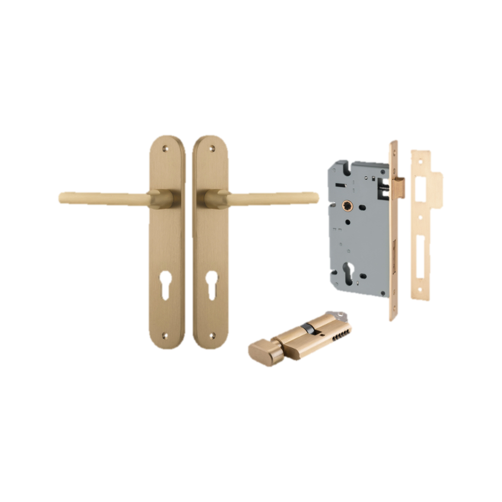 Door Lever Baltimore Oval Euro Brushed Brass CTC85mm H237xW40xP55mm Entrance Kit Mortice Lock Euro Brushed Brass CTC85mm Backset 60mm, Euro Cylinder Key Thumb 6 Pin Brushed Brass L70mm KA1 in Brushed Brass