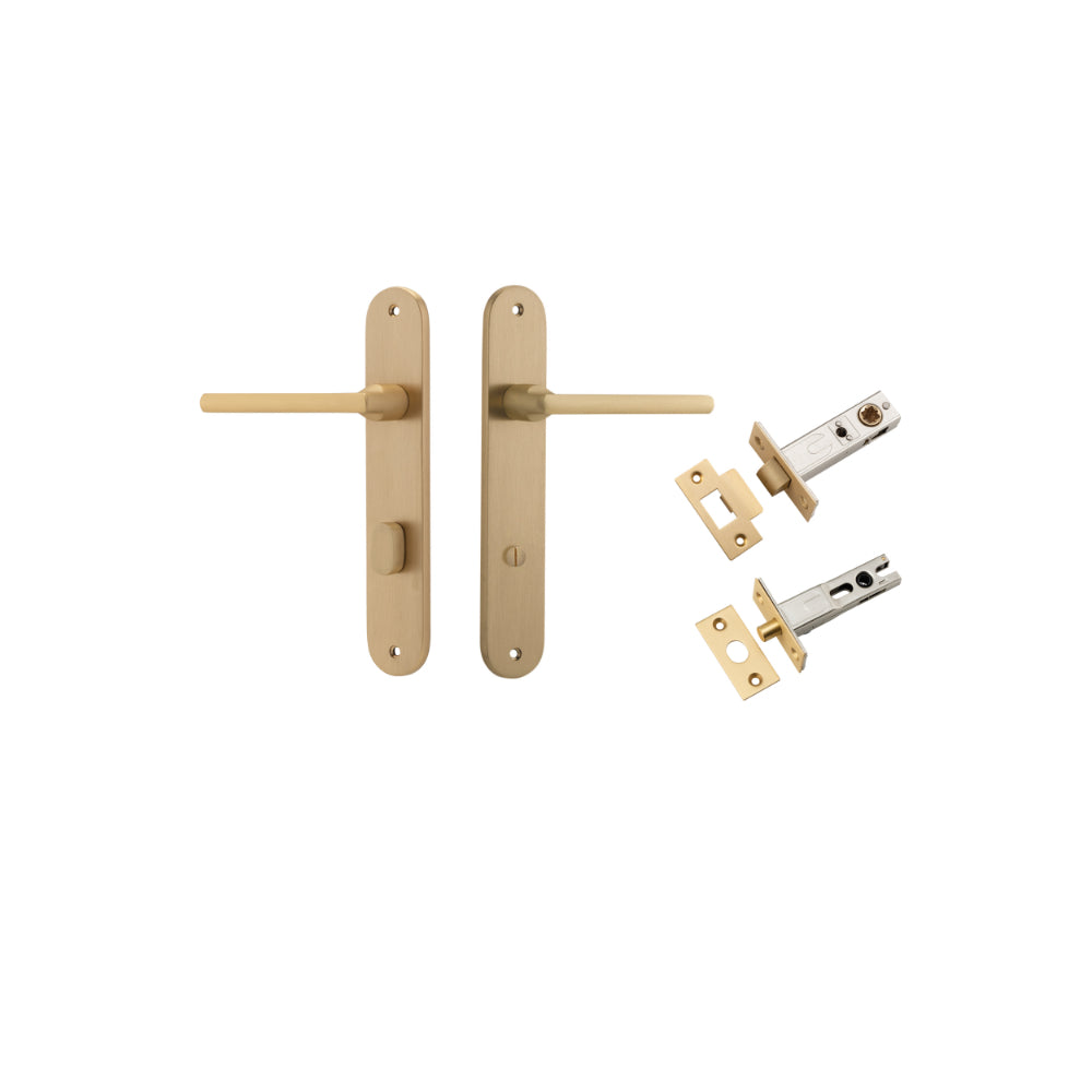 Door Lever Baltimore Oval Privacy Brushed Brass CTC85mm H237xW40xP55mm Inbuilt Privacy Kit Tube Latch Split Cam 'T' Striker Brushed Brass Backset 60mm, Privacy Bolt Round Bolt Brushed Brass Backset 60mm in Brushed Brass