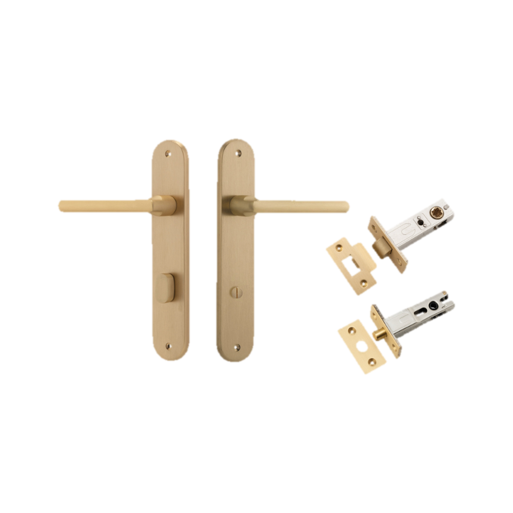 Door Lever Baltimore Oval Privacy Brushed Brass CTC85mm H237xW40xP55mm Inbuilt Privacy Kit Tube Latch Split Cam 'T' Striker Brushed Brass Backset 60mm, Privacy Bolt Round Bolt Brushed Brass Backset 60mm in Brushed Brass