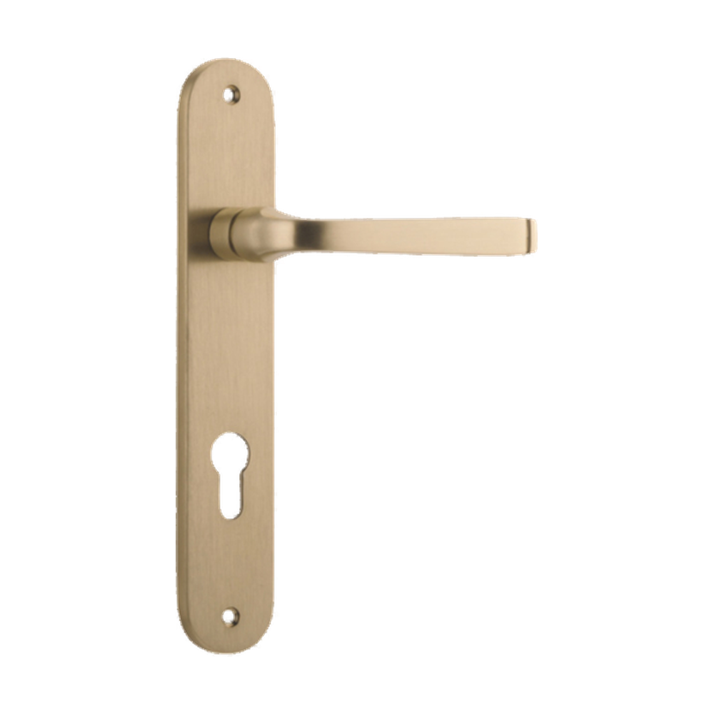 Door Lever Annecy Oval Euro Brushed Brass CTC85mm H230xW40xP62mm in Brushed Brass