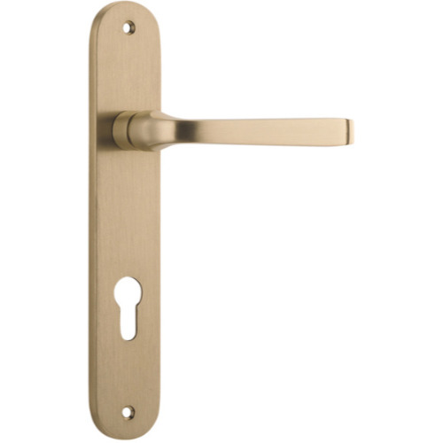 Pair of Iver Annecy lever door handles on oval backplates, featuring elegant metal finish and classic design for interior doors.