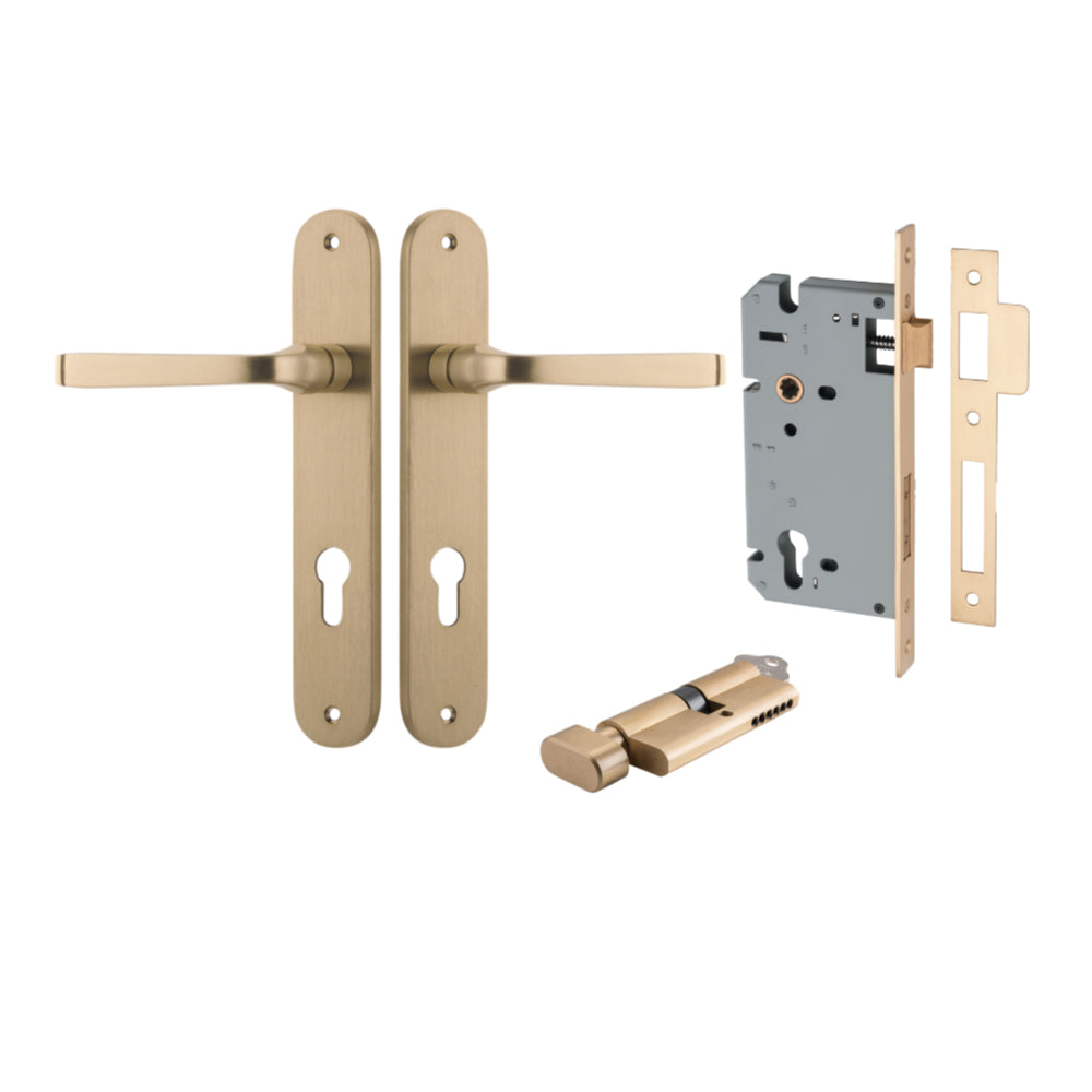 Door Lever Annecy Oval Euro Brushed Brass CTC85mm H240xW40xP62mm Entrance Kit Mortice Lock Euro Brushed Brass CTC85mm Backset 60mm, Euro Cylinder Key Thumb 6 Pin Brushed Brass L70mm KA1 in Brushed Brass