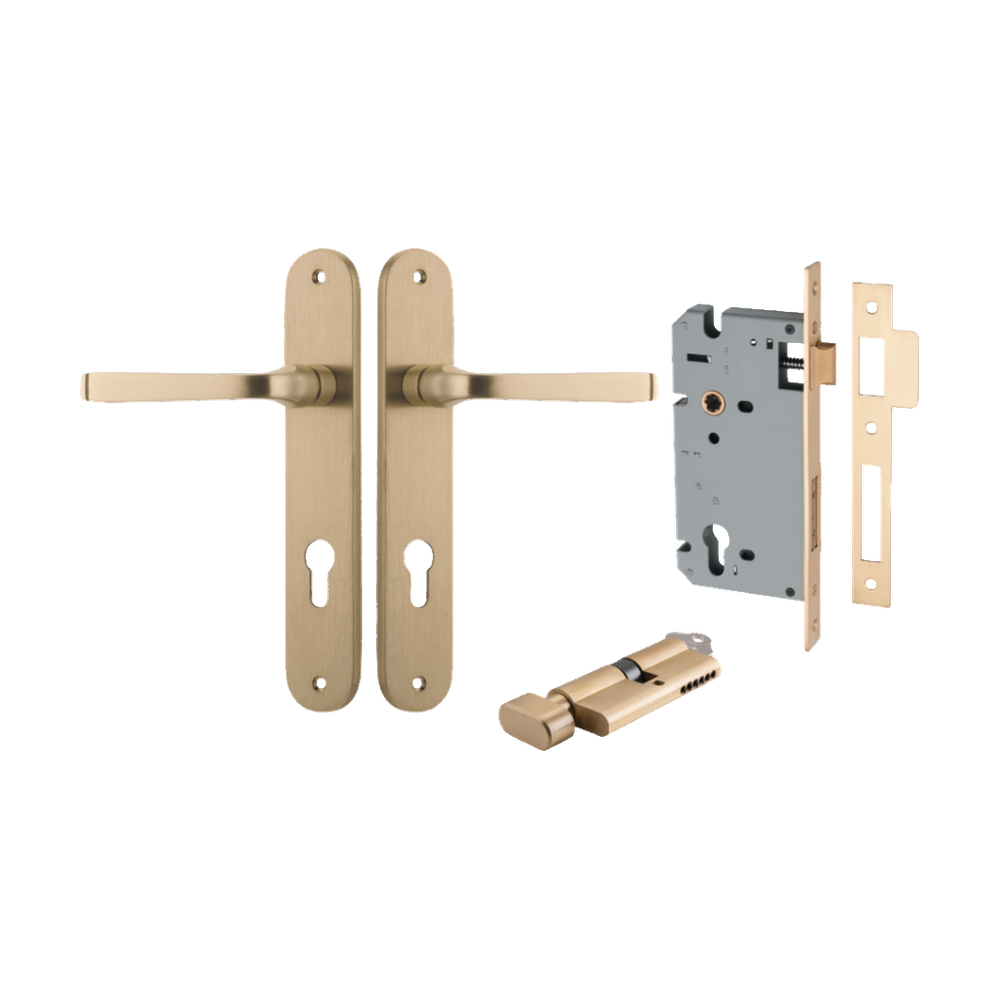 Door Lever Annecy Oval Euro Brushed Brass CTC85mm H240xW40xP62mm Entrance Kit Mortice Lock Euro Brushed Brass CTC85mm Backset 60mm, Euro Cylinder Key Thumb 6 Pin Brushed Brass L70mm KA1 in Brushed Brass