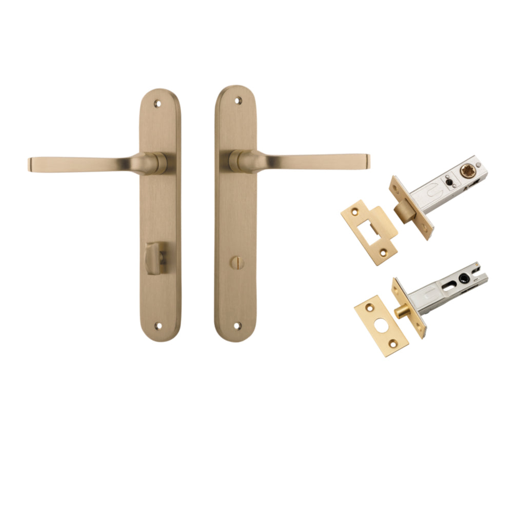 Door Lever Annecy Oval Privacy Brushed Brass CTC85mm H240xW40xP62mm Inbuilt Privacy Kit Tube Latch Split Cam 'T' Striker Brushed Brass Backset 60mm, Privacy Bolt Round Bolt Brushed Brass Backset 60mm in Brushed Brass