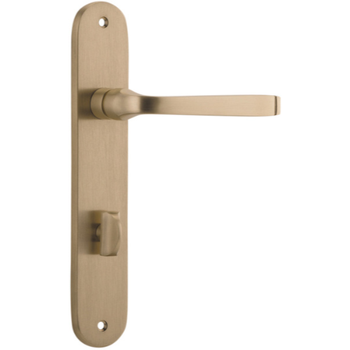 Pair of Iver Annecy lever door handles with oval backplates, featuring a sleek, modern design in a polished finish.