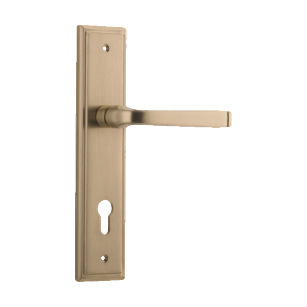 Door Lever Annecy Stepped Euro Brushed Brass CTC85mm H237xW50xP65mm in Brushed Brass