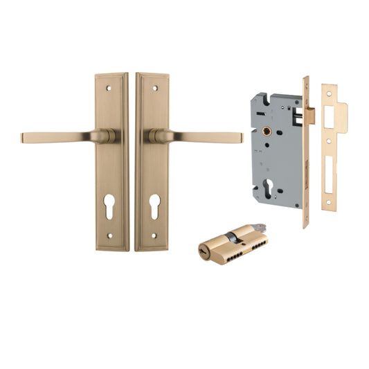 Door Lever Annecy Stepped Euro Brushed Brass CTC85mm H240xW50xP65mm Entrance Kit Mortice Lock Euro Brushed Brass CTC85mm Backset 60mm, Euro Cylinder Dual Function 5 Pin Brushed Brass L65mm KA1 in Brushed Brass