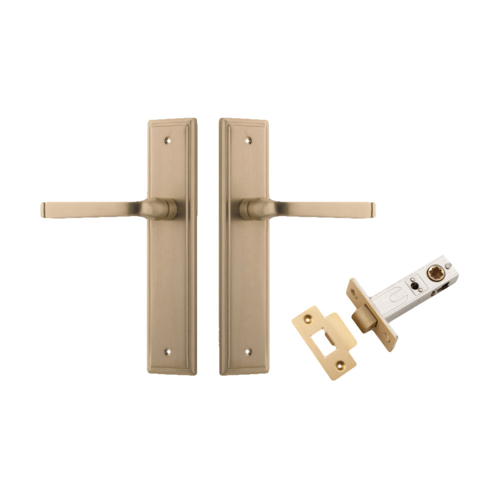 Door Lever Annecy Stepped Latch Brushed Brass H240xW50xP65mm Passage Kit, Tube Latch Split Cam 'T' Striker Brushed Brass Backset 60mm in Brushed Brass