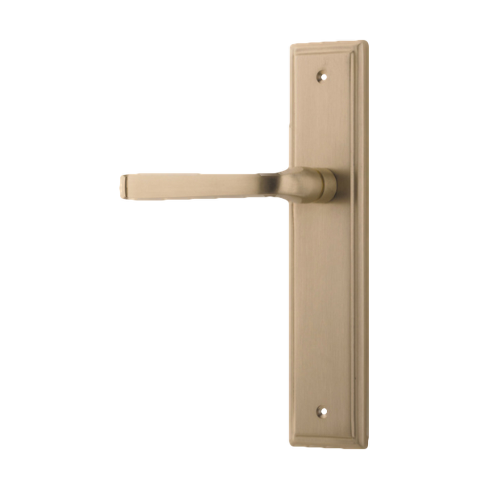Door Lever Annecy Stepped Latch Left Hand Fixed Brushed Brass L117xP66mm BPH237xW50mm in Brushed Brass