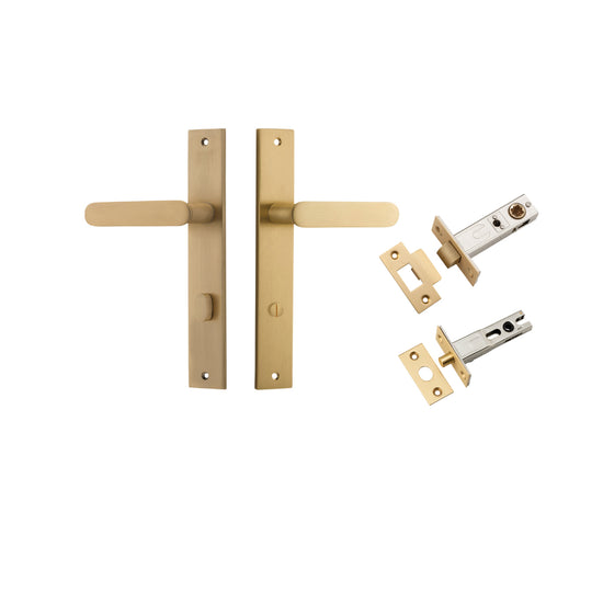 Door Lever Bronte  on Long Backplate Privacy Brushed Brass CTC85mm L117xP53mm BPH240xW38mm Privacy Kit, Tube Latch Split Cam 'T' Striker Brushed Brass Backset 60mm, Privacy Bolt Round Bolt Brushed Brass Backset 60mm in Brushed Brass