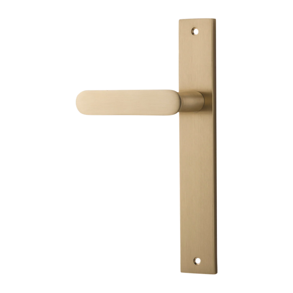 Door Lever Bronte Rectangular Latch Left Hand Fixed Brushed Brass L117xP53mm BPH240xW38mm in Brushed Brass