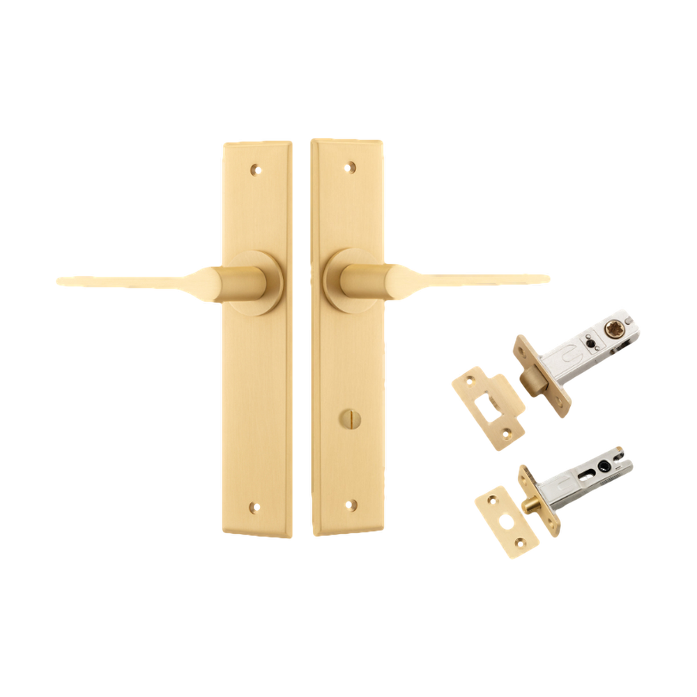 Door Lever Como Chamfered Privacy Brushed Brass CTC85mm L119xP61mm BPH240xW50mm Privacy Kit Tube Latch Split Cam 'T' Striker Brushed Brass Backset 60mm, Privacy Bolt Round Bolt Brushed Brass Backset 60mm in Brushed Brass