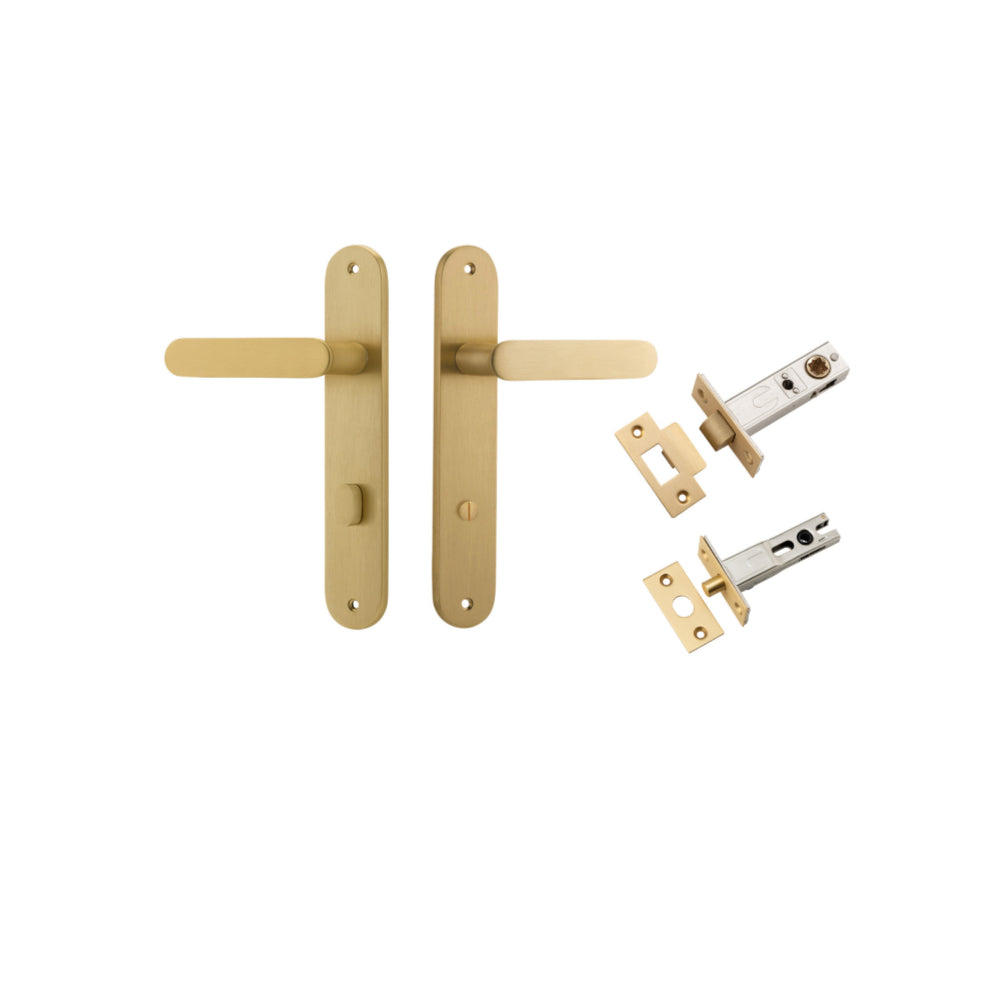 Door Lever Bronte Oval Privacy Brushed Brass CTC85mm L117xP53mm BPH240xW40mm Privacy Kit Tube Latch Split Cam 'T' Striker Brushed Brass Backset 60mm, Privacy Bolt Round Bolt Brushed Brass Backset 60mm in Brushed Brass