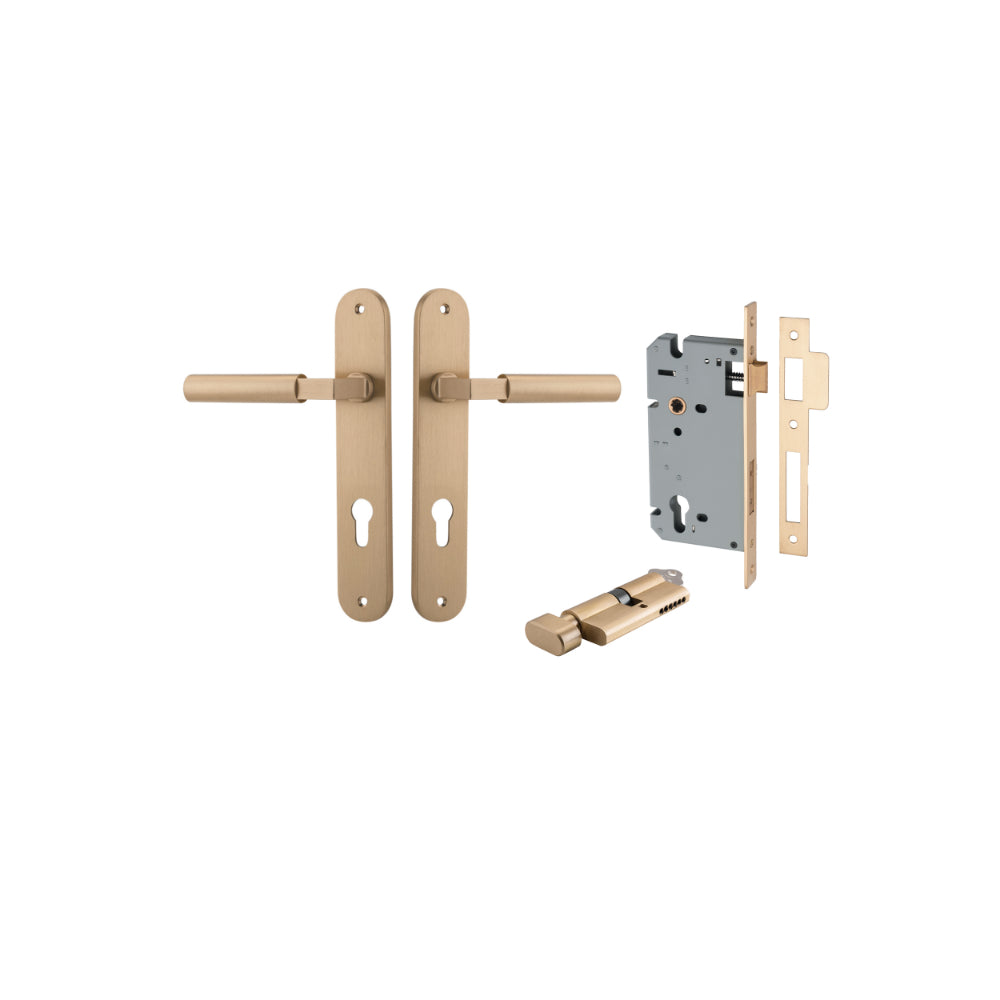 Pair of Iver Berlin lever door handles on oval backplates, featuring sleek modern design in a polished finish.