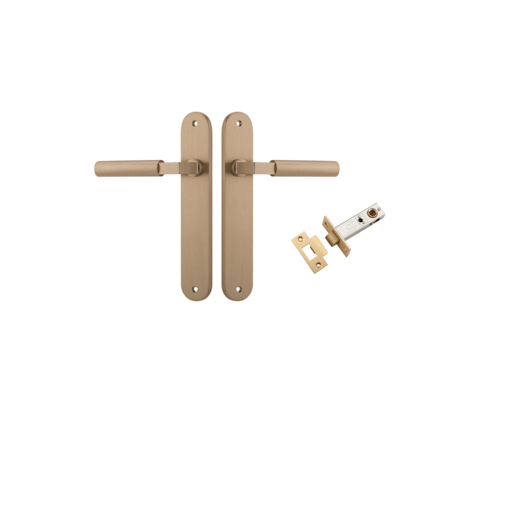 Pair of Iver Berlin lever handles on oval backplates, featuring a sleek, modern design for stylish door hardware.