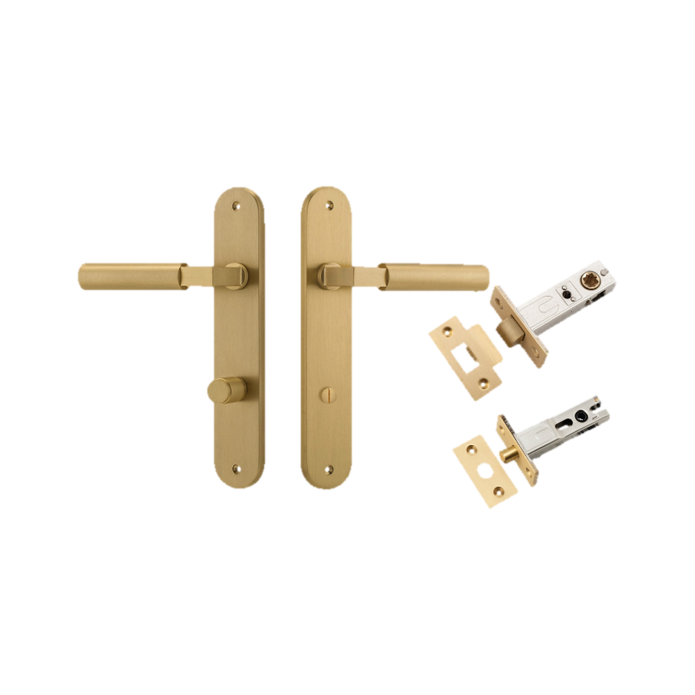 Door Lever Berlin Oval Privacy Brushed Brass CTC85mm L120xP57mm BPH240xW40mm Privacy Kit Tube Latch Split Cam 'T' Striker Brushed Brass Backset 60mm, Privacy Bolt Round Bolt Brushed Brass Backset 60mm in Brushed Brass