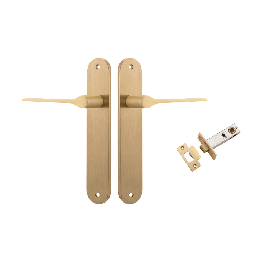 Door Lever Como Oval Brushed Brass L119xP59mm BPH240xW40mm Passage Kit Tube Latch Split Cam 'T' Striker Brushed Brass Backset 60mm in Brushed Brass