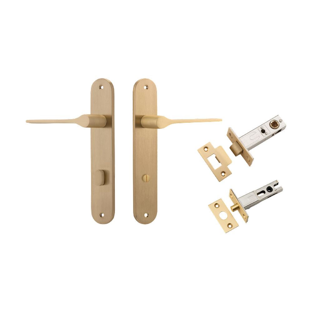 Door Lever Como Oval Privacy Brushed Brass CTC85mm L119xP59mm BPH240xW40mm Privacy Kit Tube Latch Split Cam 'T' Striker Brushed Brass Backset 60mm, Privacy Bolt Round Bolt Brushed Brass Backset 60mm in Brushed Brass