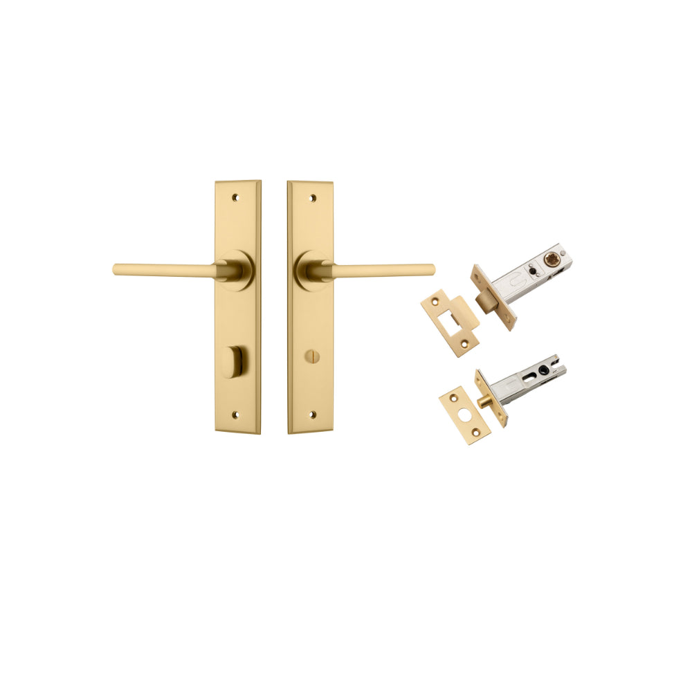 Door Lever Baltimore Chamfered Privacy Brushed Brass CTC85mm L118xP56mm BPH240xW50mm Privacy Kit Tube Latch Split Cam 'T' Striker Brushed Brass Backset 60mm, Privacy Bolt Round Bolt Brushed Brass Backset 60mm in Brushed Brass
