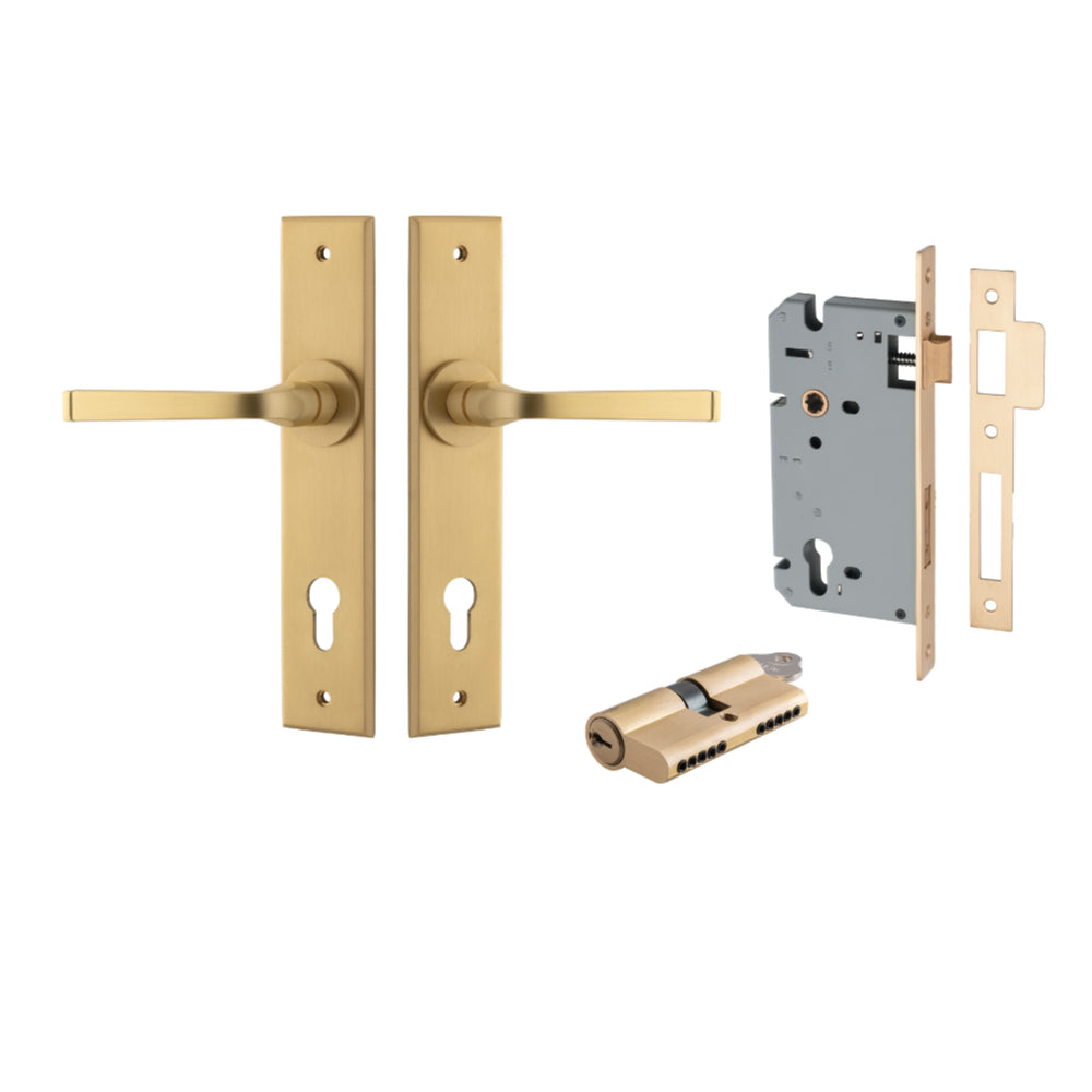 Pair of Iver Annecy lever door handles with chamfered backplates, featuring a sleek, modern design in a brushed finish.