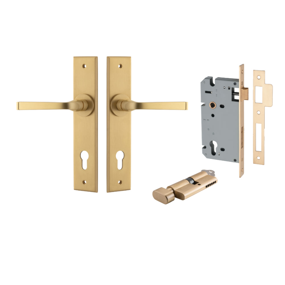 Pair of Iver Annecy lever door handles on chamfered backplates, showing elegant brass finish and detailed design.