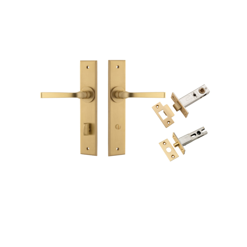 Pair of Iver Annecy lever door handles on chamfered backplates, featuring a sleek, modern design in a polished finish.