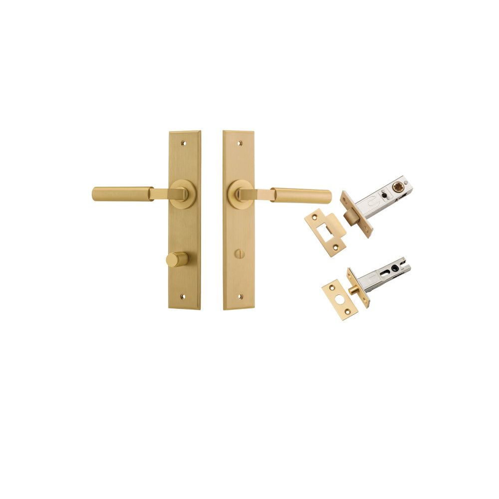 Door Lever Berlin Chamfered Privacy Brushed Brass CTC85mm L120xP59mm BPH240xW50mm Privacy Kit Tube Latch Split Cam 'T' Striker Brushed Brass Backset 60mm, Privacy Bolt Round Bolt Brushed Brass Backset 60mm in Brushed Brass